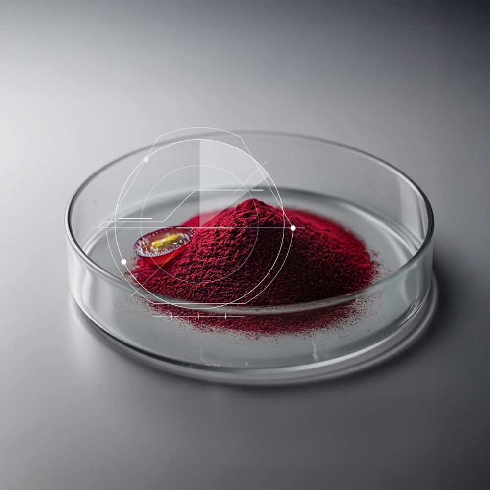 Fine bright red grape powder in a clear petri dish, with a halved grape slice—representing the UVALIFE® antioxidant blend made from grapeseed extract