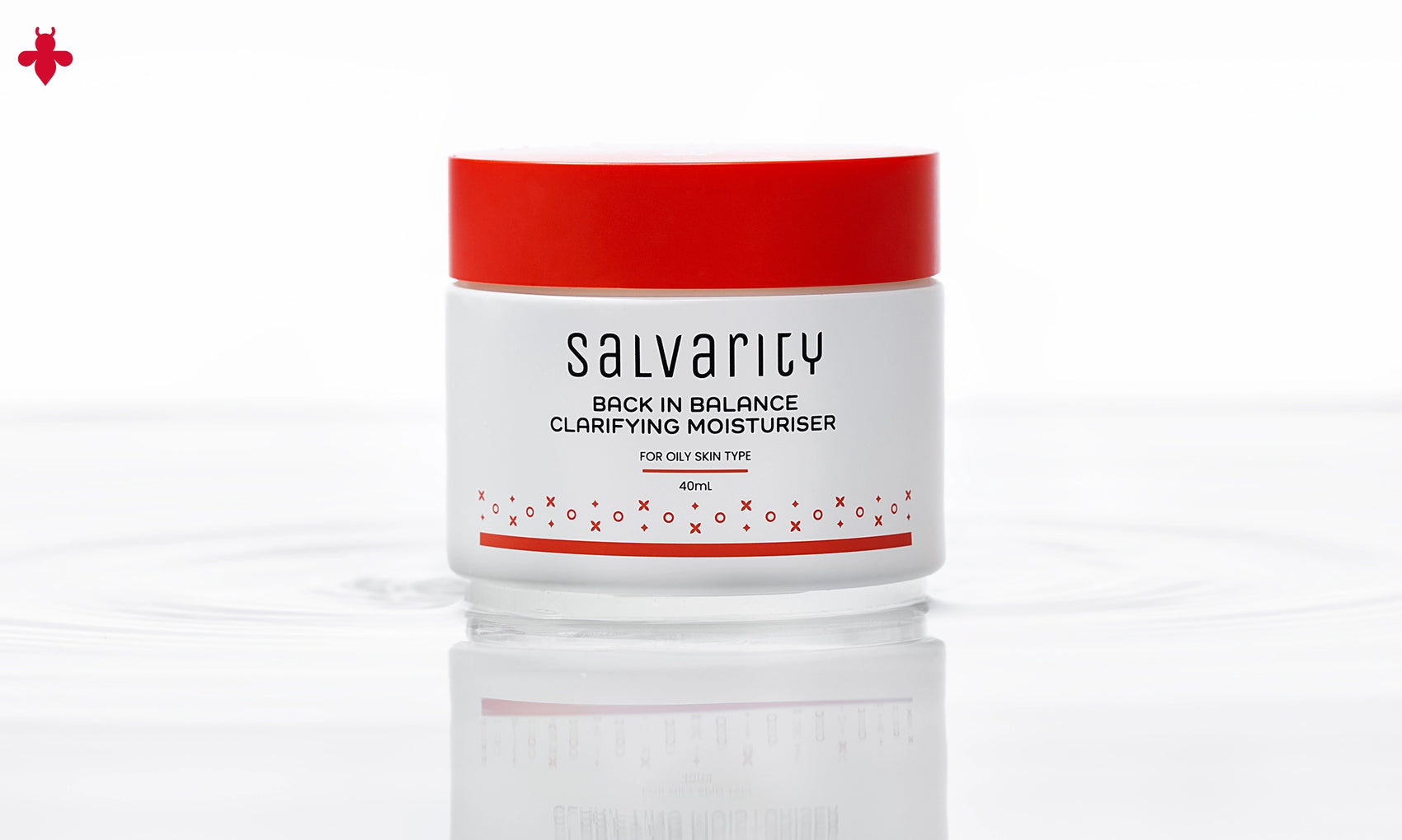 Salvaricy Back in Balance Clarifying Moisturiser jar with red lid on a white background