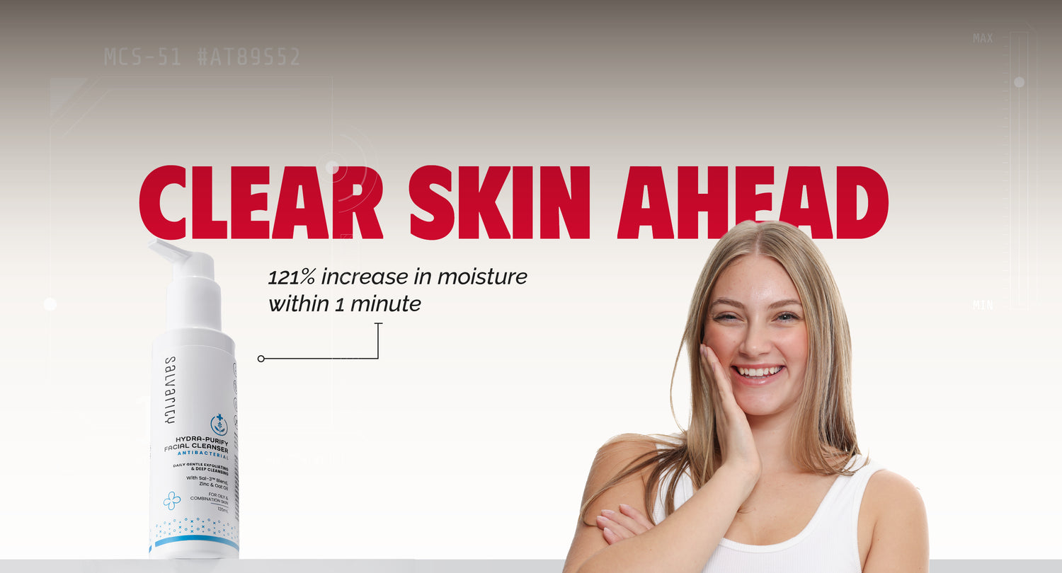Salvarity skincare product with a woman and text 'Clear Skin Ahead' on a light background