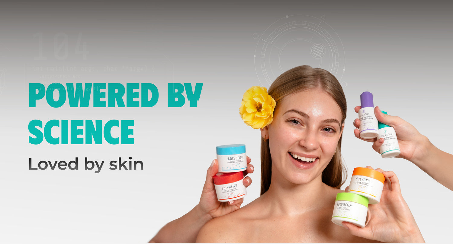 Woman holding Salvarity skincare products with 'Powered by Science, Loved by Skin' text on a gray background