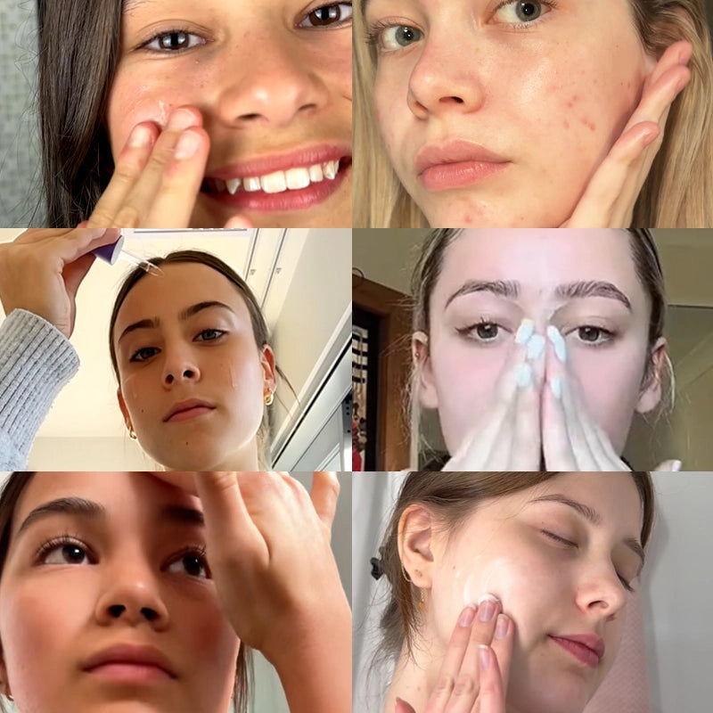 Collage of close-up images of girls using skincare products.