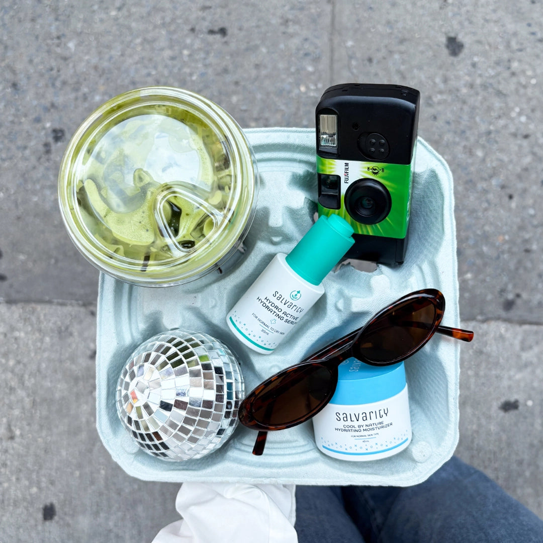 social media image of items including Salvarity products, sun glasses, camera and more. 