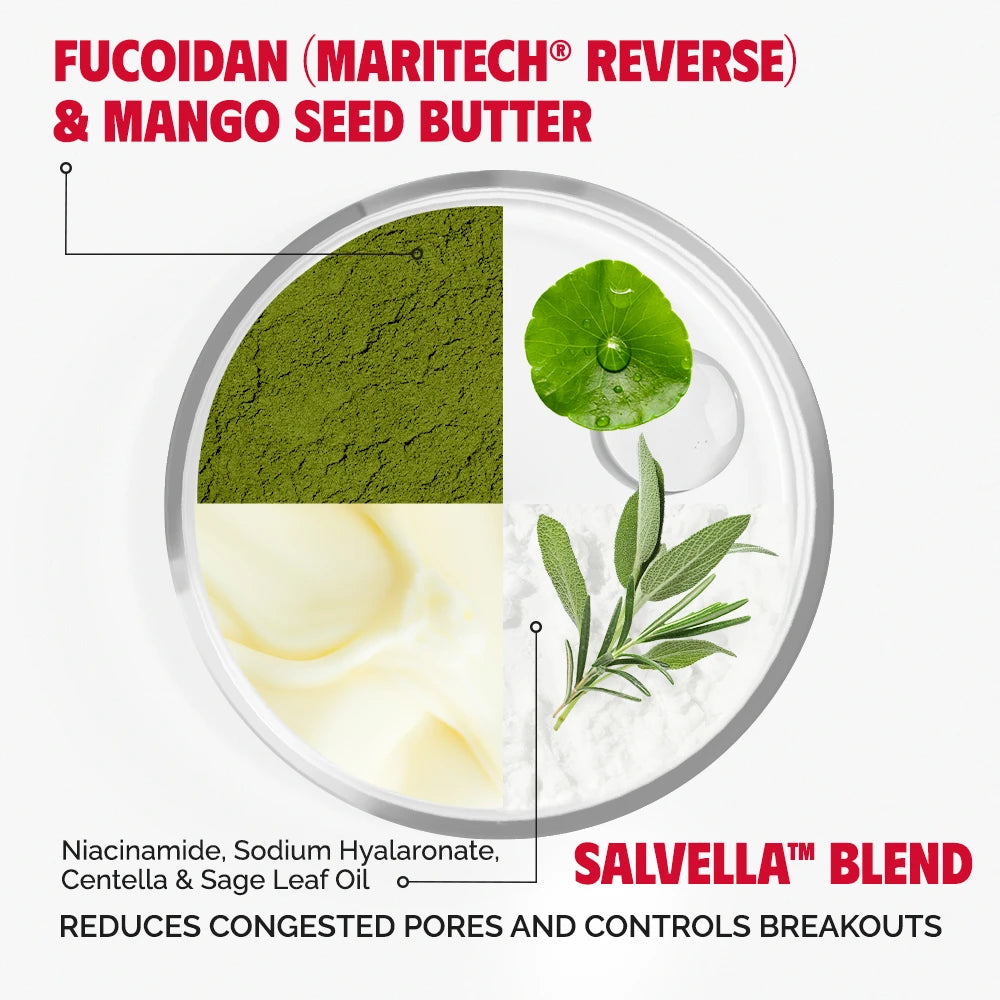 Product display with green powder, mango seed butter, and herbs on a white background with text about Fucoidan and Mango Seed Butter.