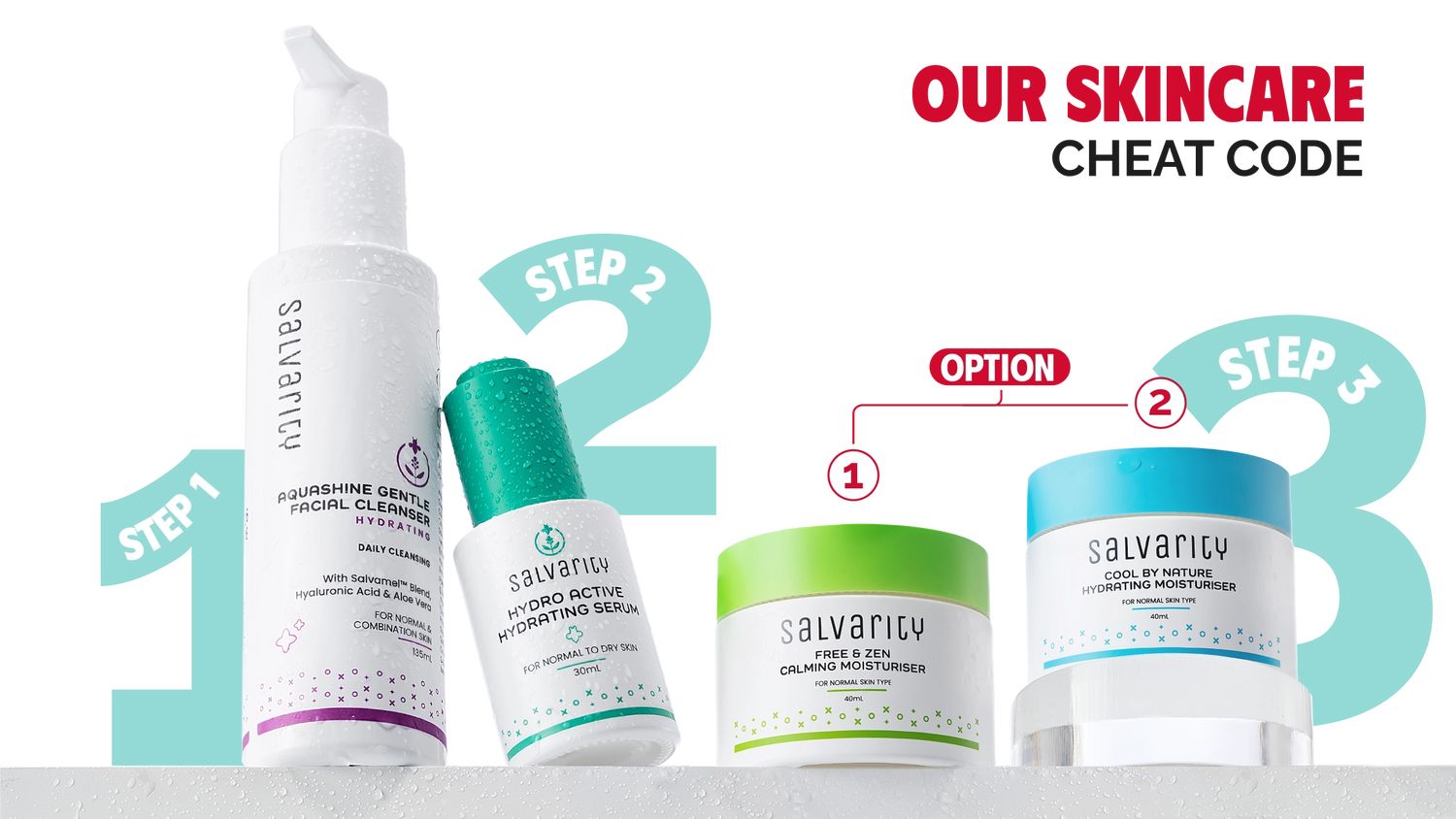 Skincare products including a gentle facial cleanser, hydrating serum, hydrating moisturiser and light moisturiser suitable for various skin types.