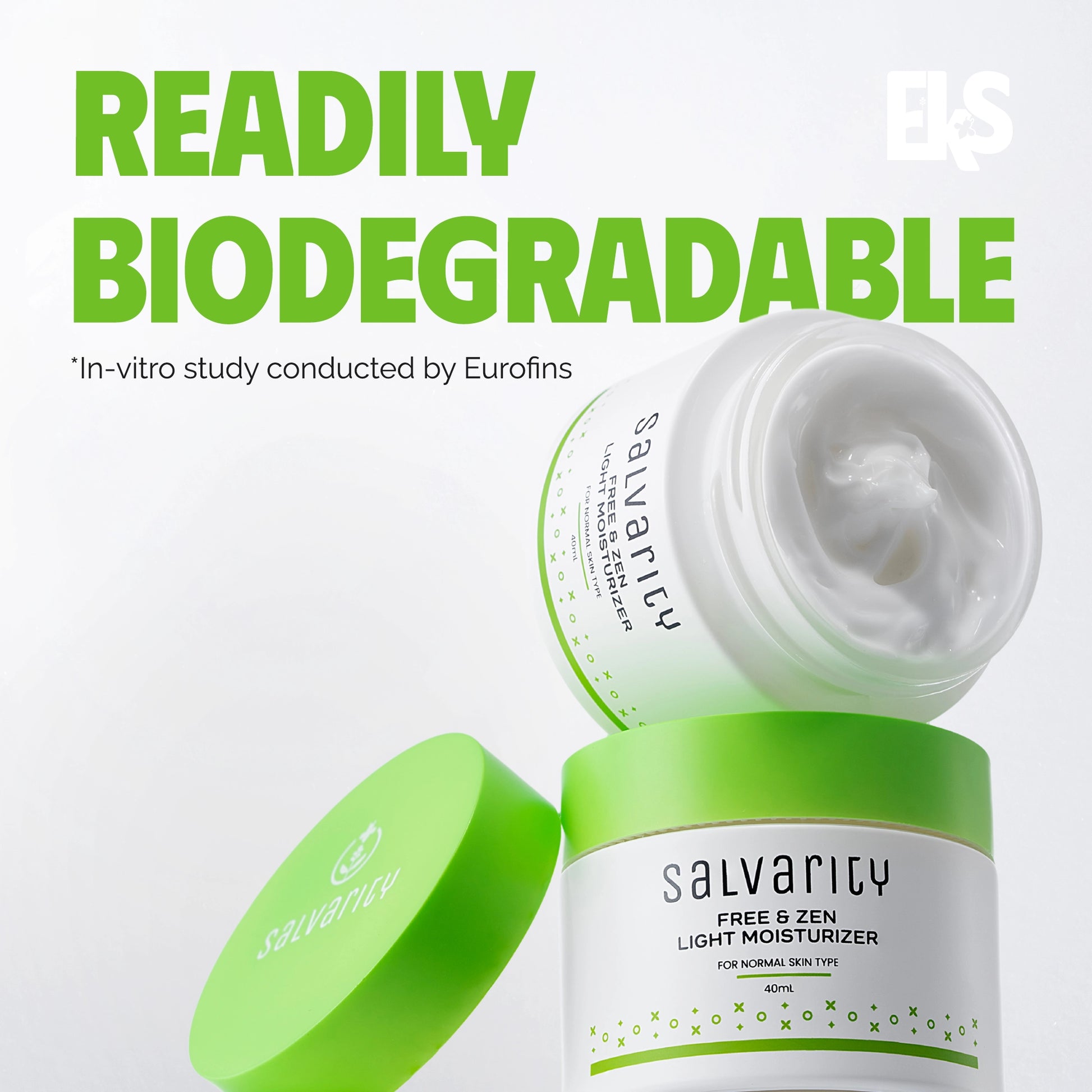 Salvarity Free & Zen Light Moisturizer jar with green lid on a white background, featuring text about biodegradability.