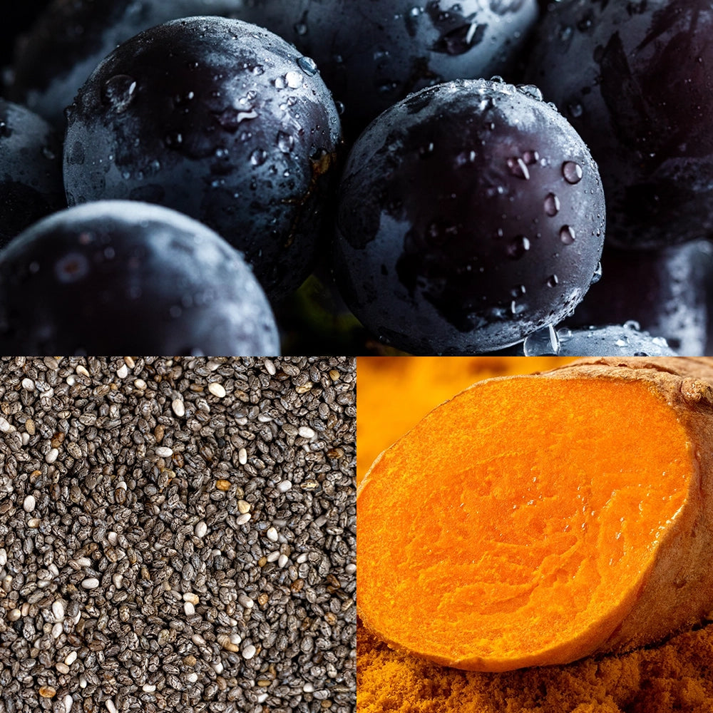 Dark purple grapes with water droplets, chia seeds, and sliced turmeric, representing the SalvaLife™ antioxidant complex blend.