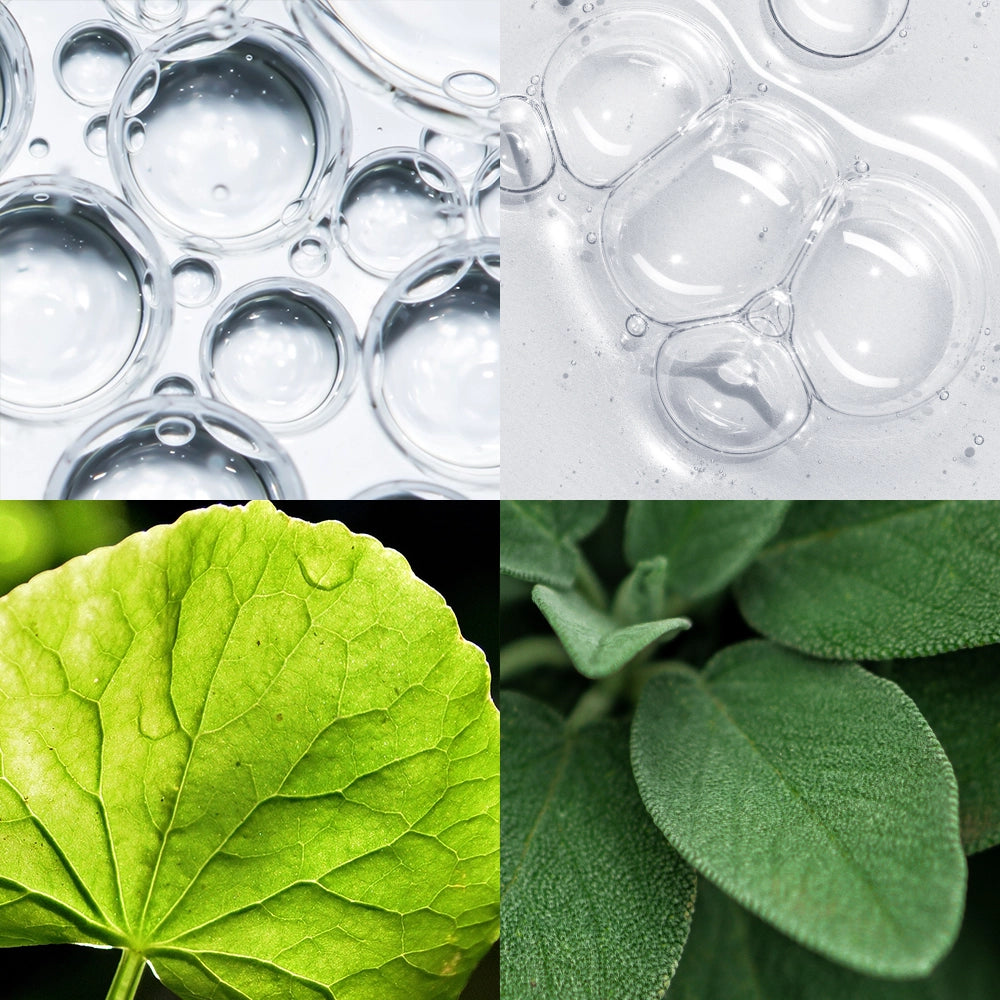 Skincare ingredients with clear gel bubbles and fresh green centella and sage leaves.