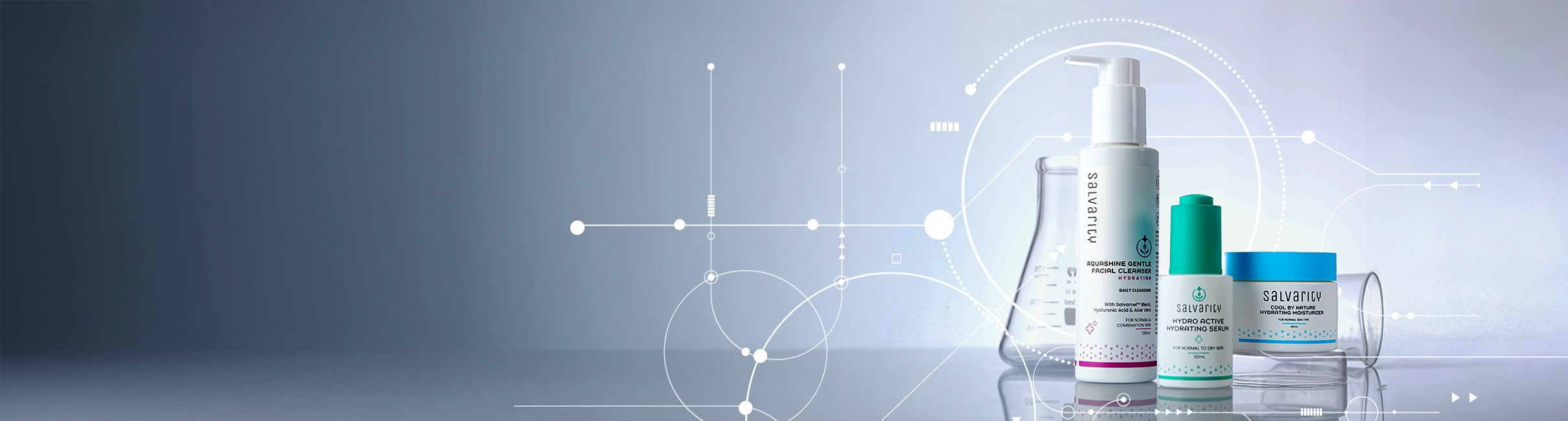 Salvarity cleanser, serum, and moisturiser with science-inspired backdrop.