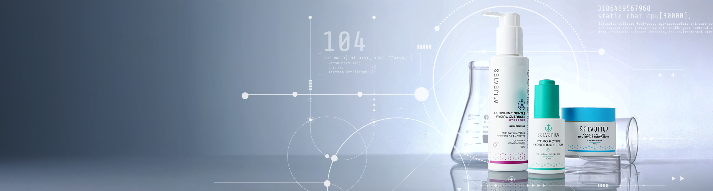 Three Salvarity skincare products with scientific background and glassware.