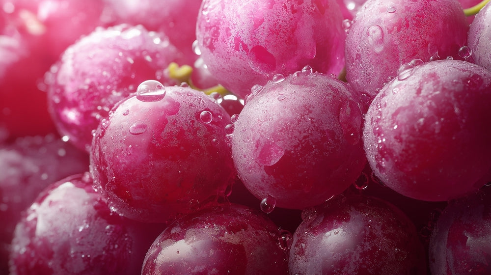 Close‑up of red grapes with water droplets.