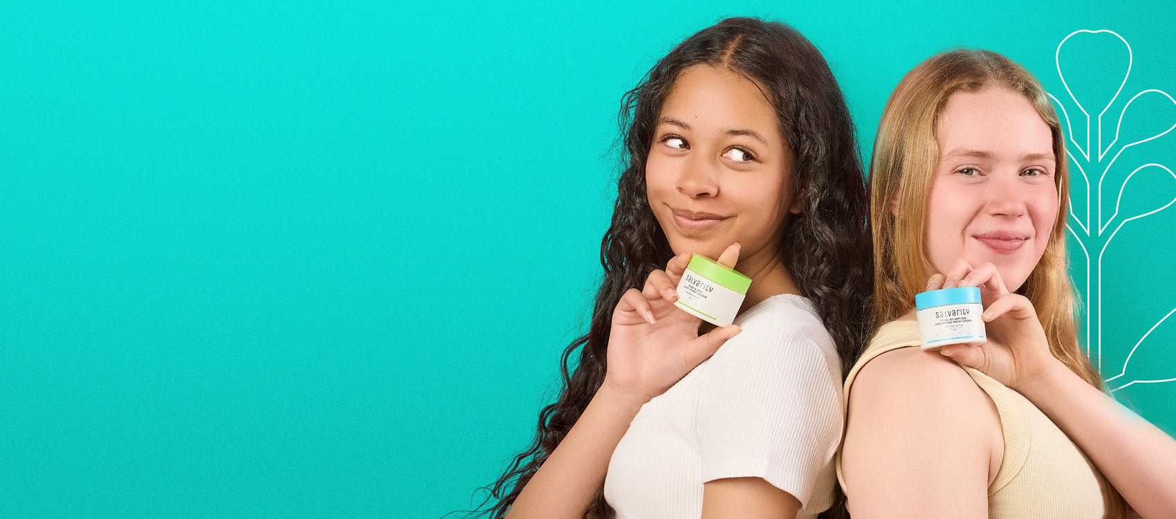 two girls holding Salvarity skincare products